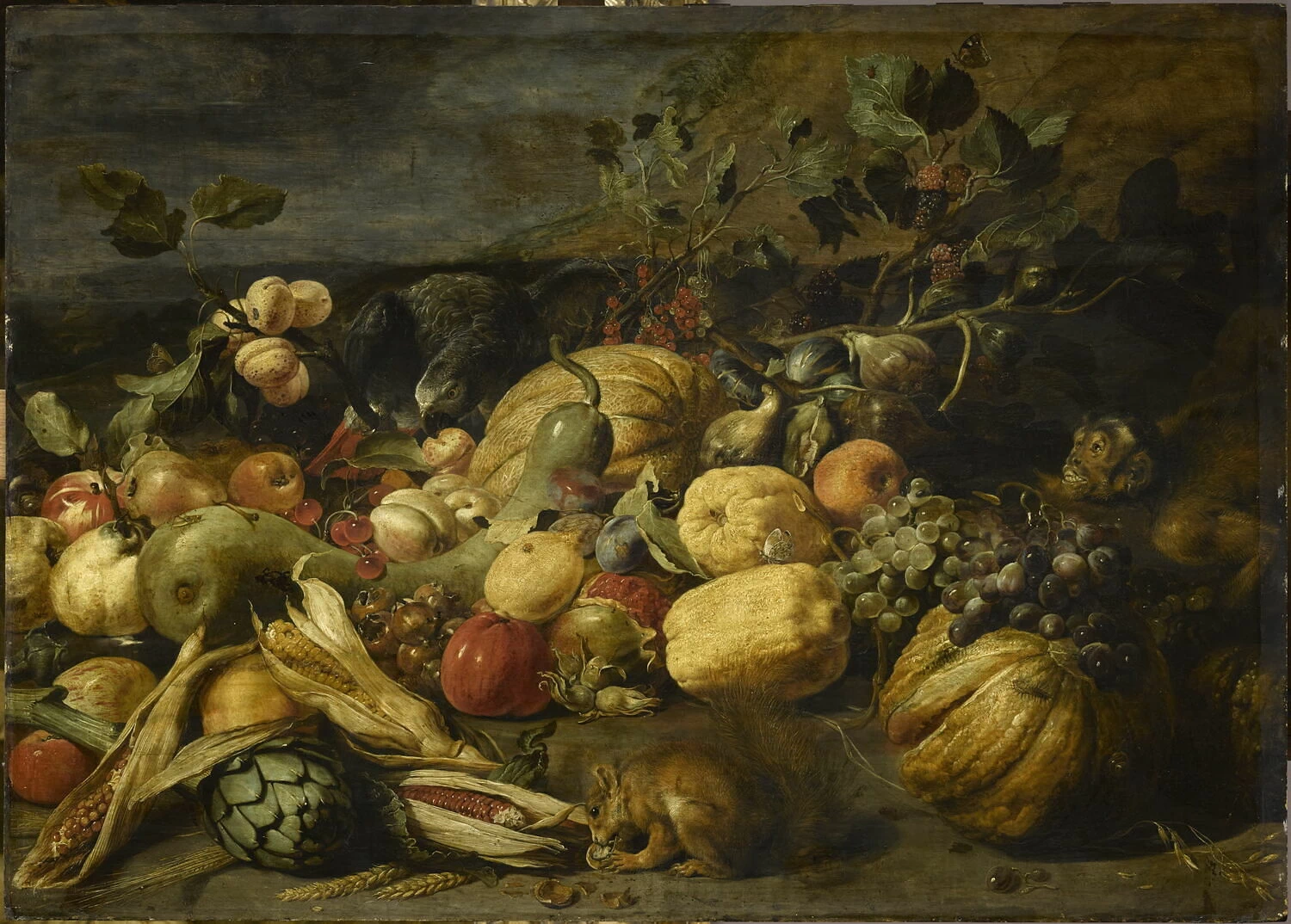 Frutta e verdura con una scimmia, un pappagallo e uno scoiattolo - Louvre, Parigi